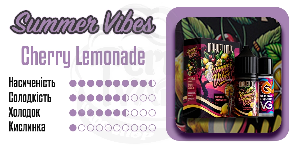 Характеристики смаку Marvellous Summer Vibes Salt Cherry Lemonade 15ml 50mg